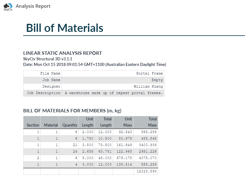 Bill of materials in SkyCiv structural analysis report